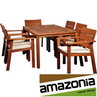 Albany 7 piece Eucalyptus Wood Patio Dining Set (Solid eucalyptus grandis woodWood is certified by the FSC (Forest Stewardship CouncilIncludes a bottle of protective sealerFinish BrownCushion color Off white and beigeTable dimensions 29 inches high x 5