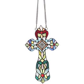 Tiffany Style Cross Design Window Panel (Tones of Blue, Green and Red Art glass Materials Metal and Art glass Pattern Cross design Glass Art glass Dimensions 13.5 inches tall x 7.9 inches wide x 0.25 inch deep Assembly Mounting hardware included )