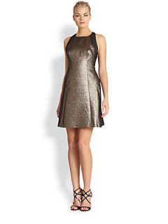 Kay Unger Metallic Jacquard Dress   Bronze