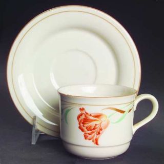 Lenox China Tulips On Beige (For The Beige) Flat Cup & Saucer Set, Fine China Di