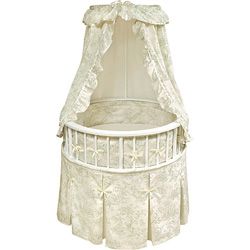 White Elegance Round Bassinet with Sage Toile Bedding (Green Wood)