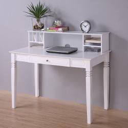 White Wood Computer Desk With Hutch (WhiteSolid hardwood legsDrop down keyboard trayIntricate scrollwork on panels and legsVarious slots and storage compartments in hutchHutch also has cable opening to organize any cords and wiresDesk dimensions 40 inche
