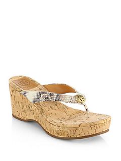 Tory Burch Suzy Snake Print Leather Wedge Sandals   Natural