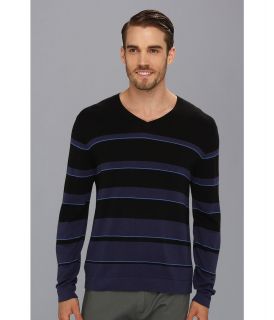 Perry Ellis Cotton Blend Stripe V Neck Sweater Mens Long Sleeve Pullover (Black)