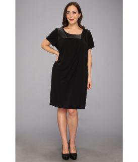 DKNYC Plus Size S/S Drape Front Dress w/ Faux Leather Yoke Womens Dress (Black)