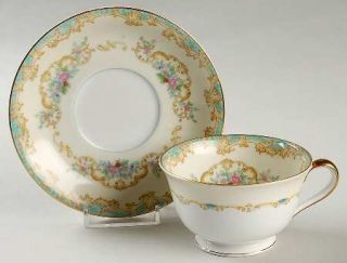 Noritake Arnaud Footed Cup & Saucer Set, Fine China Dinnerware   Scrolls On Teal