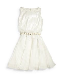 David Charles Girls Sequins & Pleats Chiffon Dress   Ivory