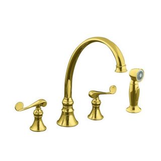 Kohler K 16109 4 pb Vibrant Polished Brass Revival Kitchen Sink Faucet With 9 3/16 Spout, Sidespray And Scroll Lever Handles