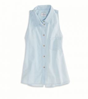 Light Wash AE Sleeveless Chambray Button Down, Womens XXL