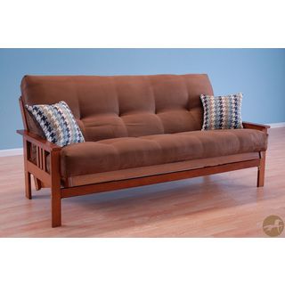 Christopher Knight Home Honey Oak Wood Futon Frame With Suede Chocolate Innerspring Mattress And Indigo Pillows