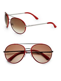 Leather Trimmed Metal Aviator Sunglasses   Red