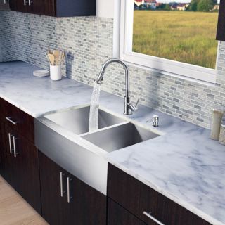 Vigo Industries VG15137 Kitchen Sink Set, All In One 33 Farmhouse Double Bowl Sink amp; Faucet Stainless Steel