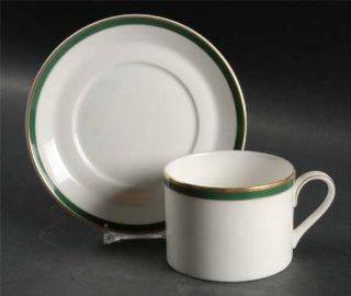 Minton Saturn Green Flat Cup & Saucer Set, Fine China Dinnerware   Green Band, B