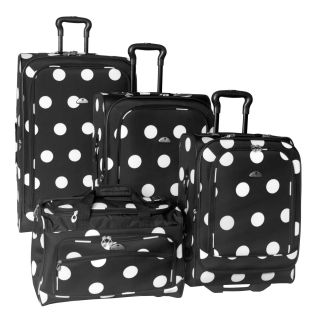 American Flyer Grande Black And White Dots 4 piece Luggage Set (Black and white polka dotMaterials PolyesterUprights have large pocket outside, mesh pocket in lid and two (2) shoe pocketsWeight 28 inch upright (10.2 pound), 24 inch upright (8.55 pound),