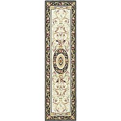 Hand hooked Aubusson Ivory/ Black Wool Runner (26 X 12)