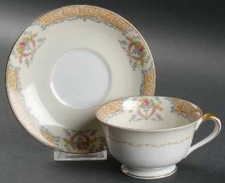 Noritake N111 Footed Cup & Saucer Set, Fine China Dinnerware   Yellow & Blue Edg