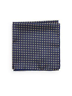 Silk Gridded Medallion Pocket Square   Blue