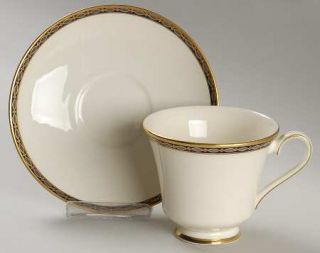 Minton St. James Footed Cup & Saucer Set, Fine China Dinnerware   Blue/Gold Oval