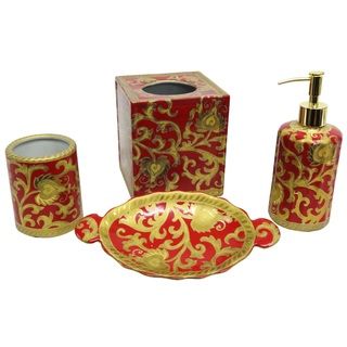 Red And Gold Scrolls Porcelain Bath Accessory 4 piece Set