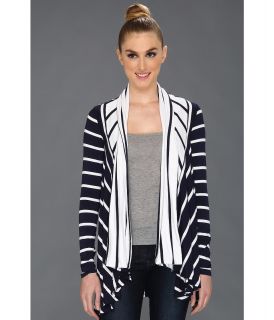 Three Dots Stripe L/S Open Cardy Womens Long Sleeve Pullover (White)