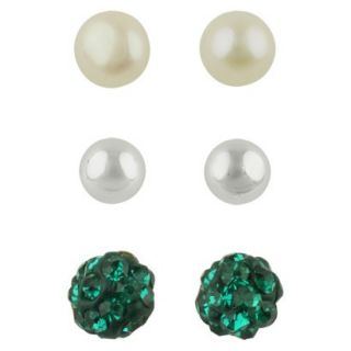 Womens Button Earrings Set of 3 with Freshwater Pearl, Ball and Crystal