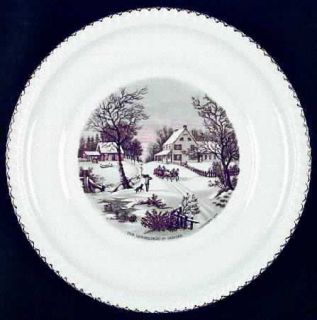 Harker Currier & Ives (No Gold Inner Band) Dinner Plate, Fine China Dinnerware  