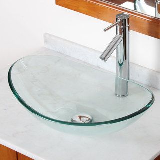 Elite Gd332659c Tempered Bathroom Glass Vessel Sink W. Unique Oval Shape With Faucet Combo (Transparent Technology Interior/Exterior Both Dimensions 21 inches x 14 inches and 4.5 inches 6.5 inches high 0.5 inches ThickFaucet settings Vessel Style Fauc