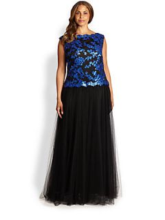 Tadashi Shoji, Sizes 14 24 Sequined Lace & Tulle Gown   Sapphire Black