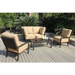 Brookfield Deep seating 5 piece Outdoor Sofa Set (Spectrum sesame cushionsMaterials Cast aluminum, fabric, wickerFinish Midnight black/goldCushions includedWeather resistantUV protectionClub chair dimensions 38 inches high x 28.5 inches wide x 35.75 in
