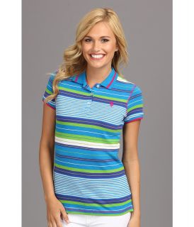 U.S. Polo Assn Multi Color Stripe Slub Polo Womens Short Sleeve Knit (Blue)