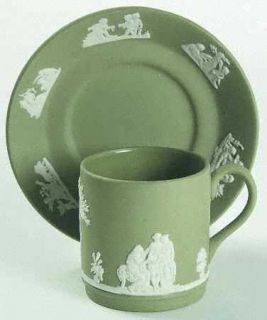 Wedgwood Cream Color On Celadon Jasperware Flat Demitasse Cup & Saucer, Fine Chi