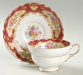 Paragon Pompadour Red Footed Cup & Saucer Set, Fine China Dinnerware   Red Rim,T