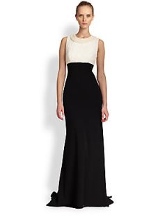 Carmen Marc Valvo Sleeveless Bicolored Gown   Ivory Black
