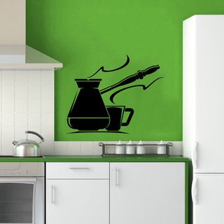 Cup And Pot Of Coffee Smoke Wall Vinyl Decal (Glossy blackDimensions 25 inches wide x 35 inches long )