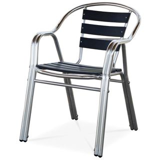 Milano Indoor/ Outdoor Stackable Arm Chair (BlackMaterials Powder coated cast aluminum, dura wood (synthetic wood)Finish Black durawood Weather resistantUV protectionSeat height 18 inches Dimensions 28.5 inches high x 22 inches wide x 24 inches longWe