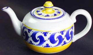Herend Village Splash Teapot & Lid, Fine China Dinnerware   Blue Scrolls,Yellow