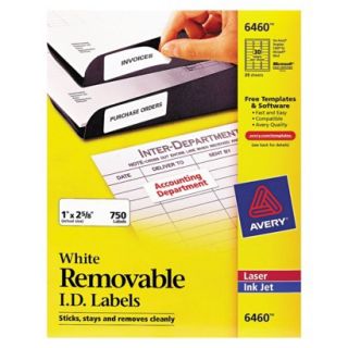 Avery 1 x 2 5/8 Inkjet/Laser Removable I.D. Labels   White (750 Per Pack)