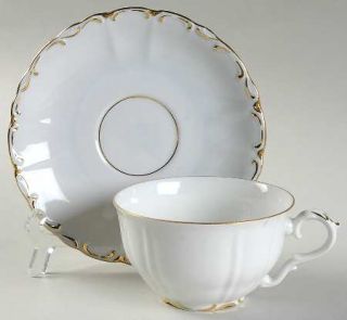 Bohemia Ceramic Boh53 Flat Cup & Saucer Set, Fine China Dinnerware   White, Gold