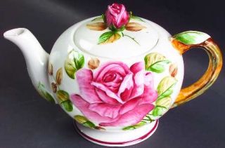 Lefton Americana Teapot & Lid, Fine China Dinnerware   Large Pink Rose,    Green