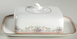 Mikasa Spring Crest 1/4 Lb Covered Butter, Fine China Dinnerware   Pink Band,Flo