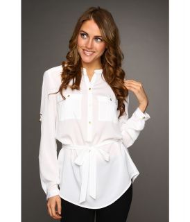 Calvin Klein Henley Tunic w/ Self Belt Womens Long Sleeve Button Up (White)