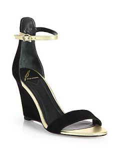 B Brian Atwood Roberta Suede & Metallic Leather Wedge Sandals   Black Gold
