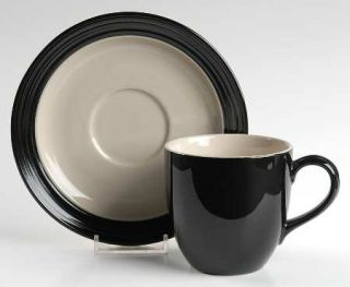 Studio Nova Ebony Flat Cup & Saucer Set, Fine China Dinnerware   Embossed Black