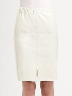 Halston Heritage Leather/Cotton Front Slit Skirt   Cream