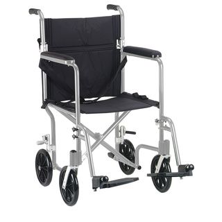 Drive Medical Silver Flyweight 19 Lightweight Aluminum Transport Wheelchair (SilverMaterials AluminumWeight Capacity 300 poundsSeat width 19 inchesFeaturesDeluxe back releaseDeluxe all aluminum rear wheel locksWeighs about 30 percent less than traditi