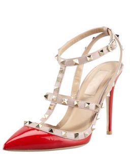 Womens Rockstud Two Tone Patent Sandal, Red   Valentino