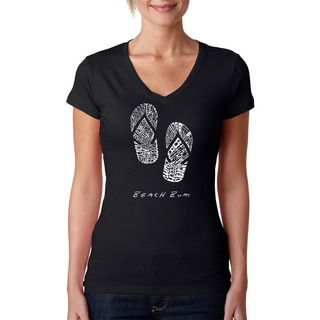 Los Angeles Pop Art Womens Beach Bum Flip Flops Black V neck T shirt (100 percent cotton Machine washableAll measurements are approximate and may vary by size. )
