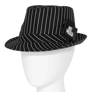 Scala Pinstripe Fedora Hat with Rosette, Black, Womens