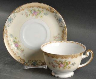 Meito Langdon Footed Cup & Saucer Set, Fine China Dinnerware   Blue & Brown Scro