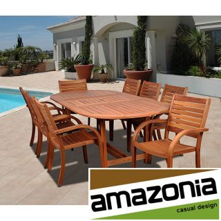 Riviera 9 piece Oval Dining Set (BrownMaterials Euclayptus woodFinish StainedWeather resistantUV protectionTable dimensions 29 inches high x 70 to 94 inches wide x 43 inches wideArmchair dimensions 36 inches high x 23 inches wide x 23 inches deepWeigh